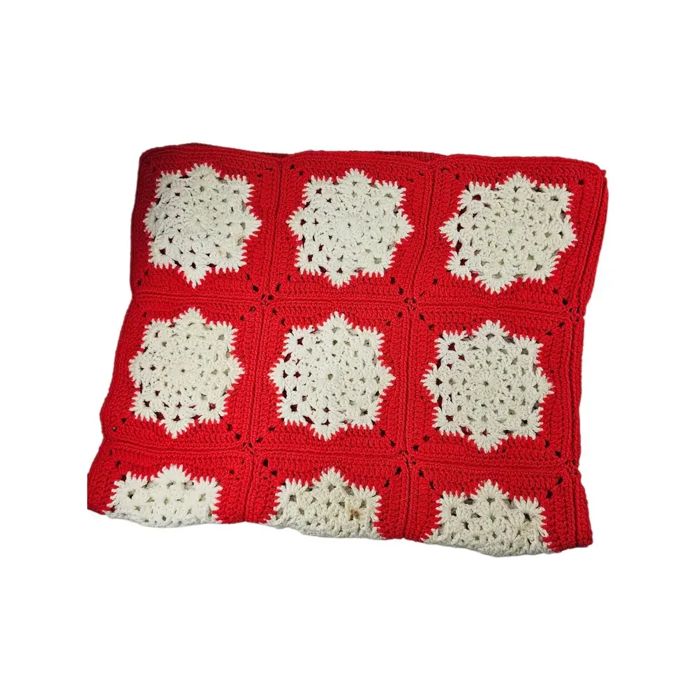 Handmade Crocheted Red and White Afghan 46